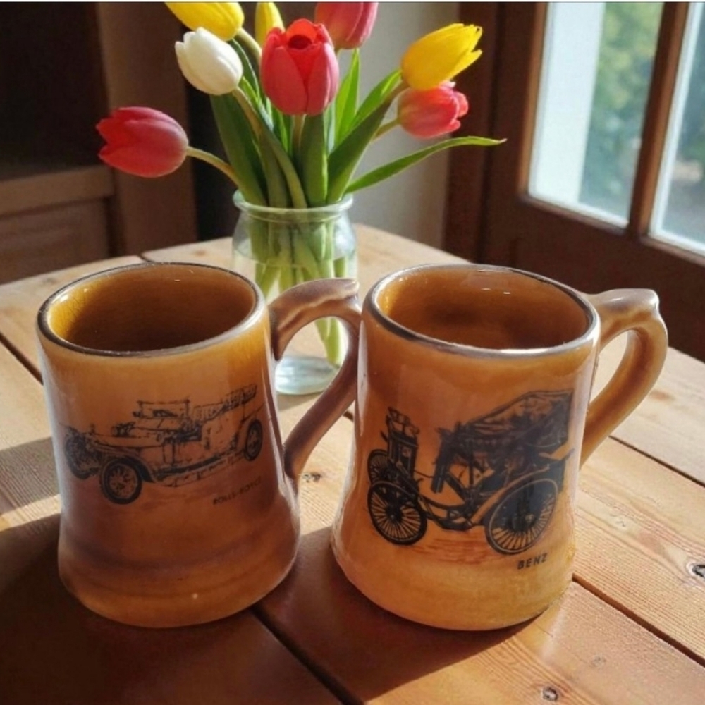 Vintage Brown Ceramic Mini Mug Set Of 2, Benz and Rolls Royce , Мiniature Size,